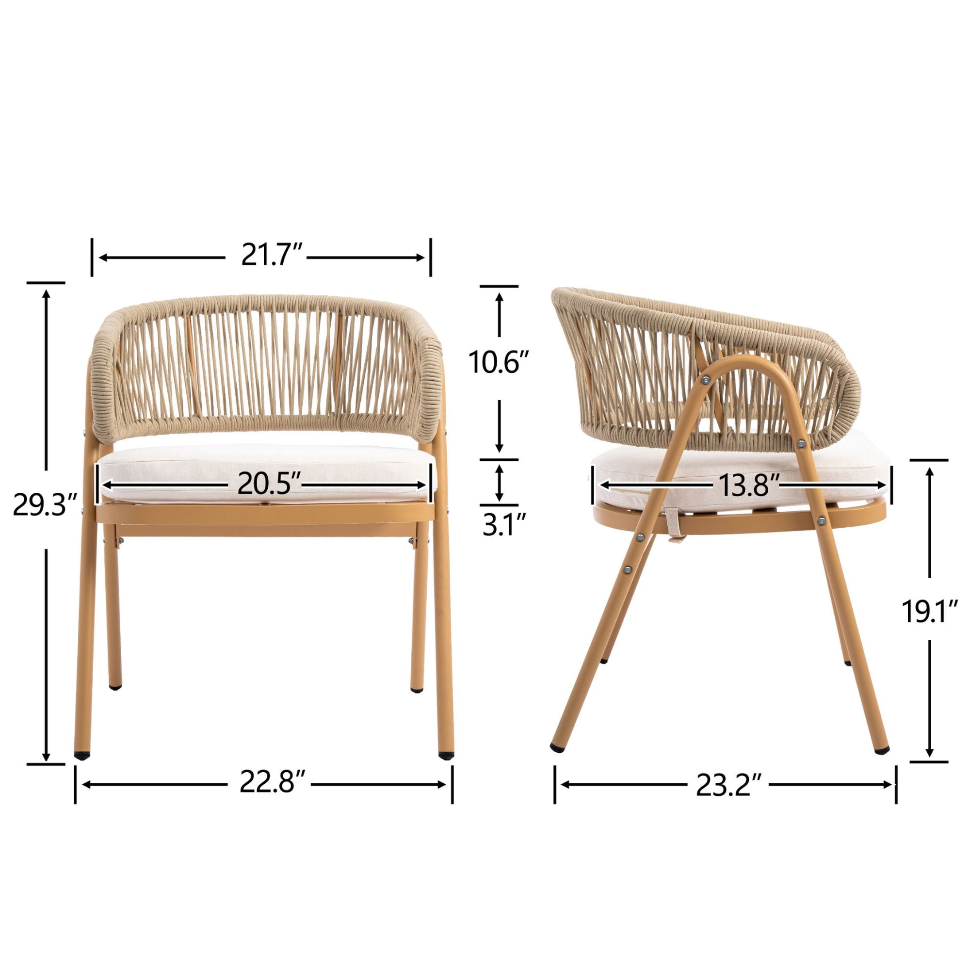 Dayalane Outdoor Dining Chairs Set of 2, Modern Rope Woven Patio Armchairs with Curved Back, Weather-Resistant Metal Frame, Balcony Backyard Bistro Seating, Beige