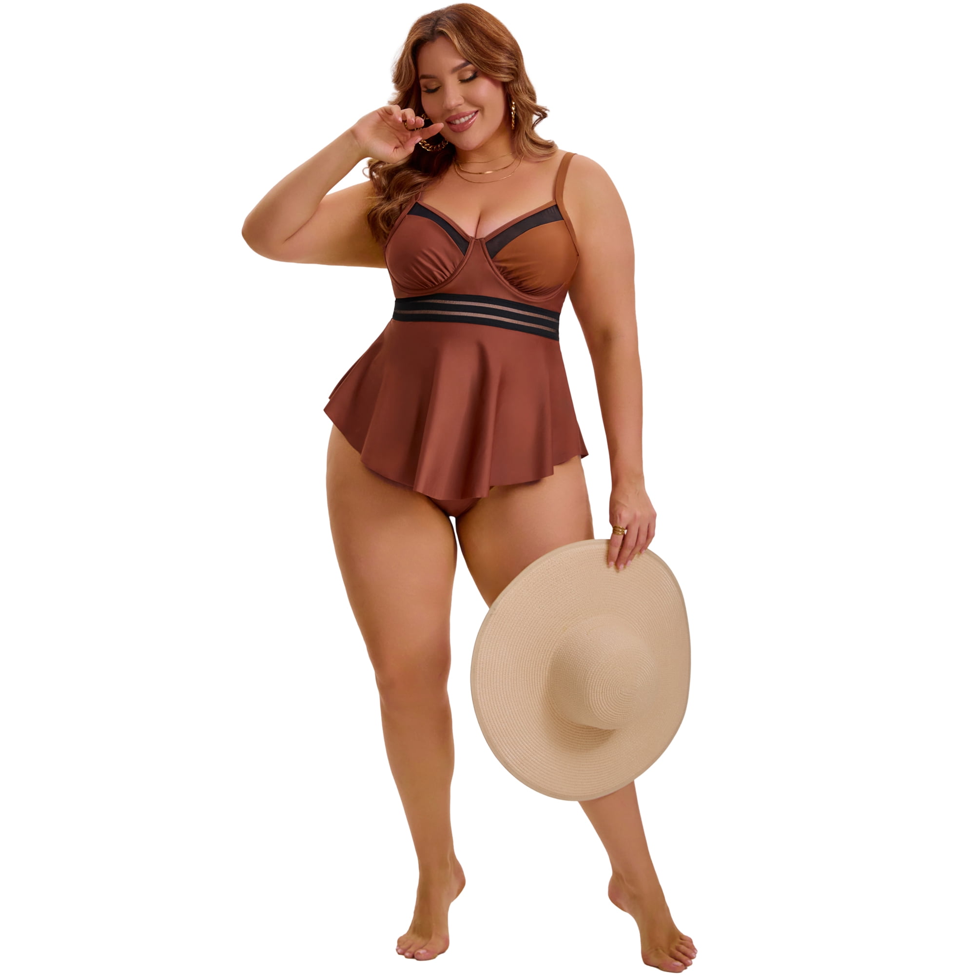 DARING DIVA Women's Plus 2pcs Swimsuit Tankini and Shorts Tummy Control L Coffee