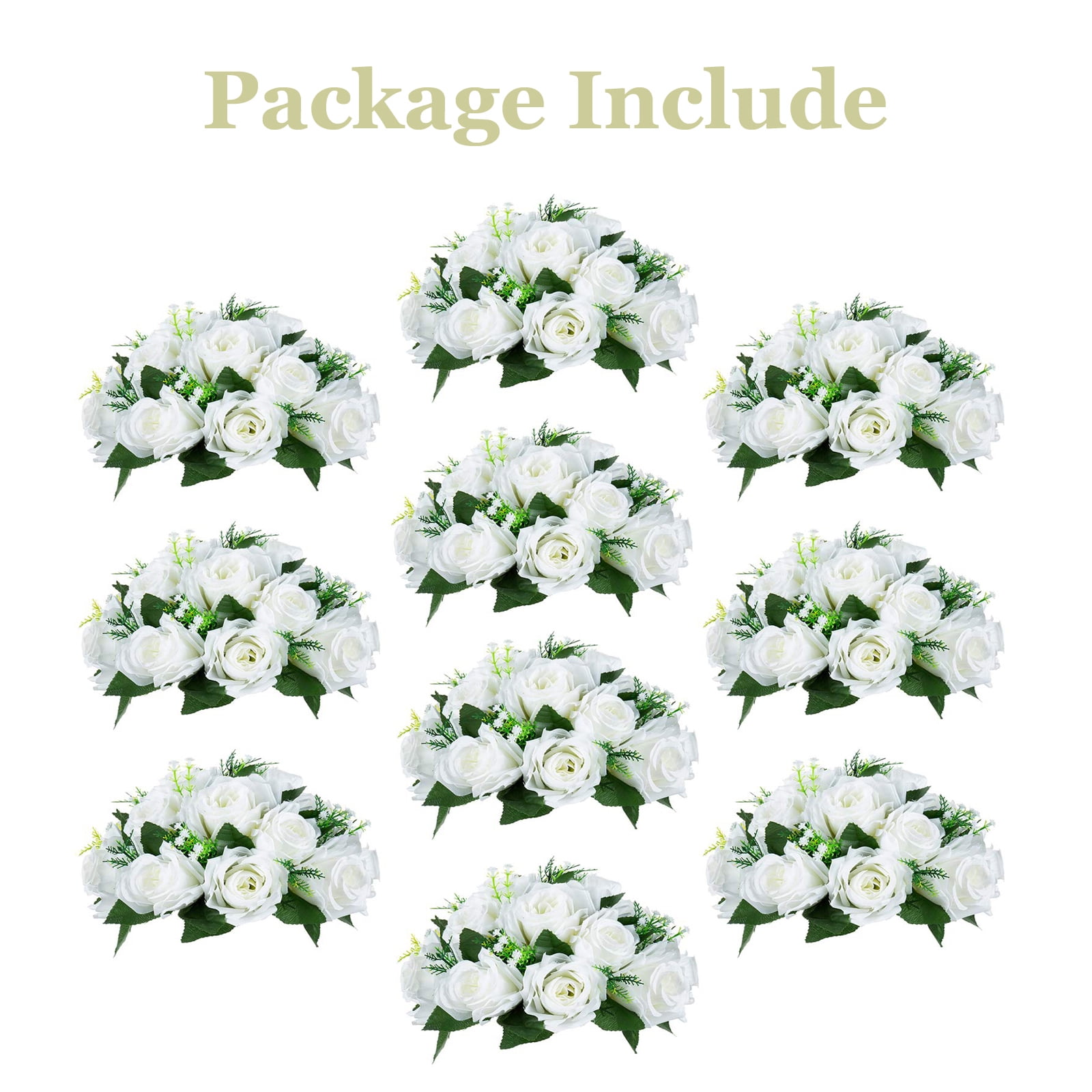 Nuptio Set of 10 White Rose Artificial Flower Kissing ball, 15 Heads Fake Peony Silk Flowers Bouquet for Centerpiece Wedding Birthday Party Home Table Decor