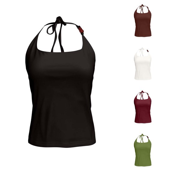 Rggeeun Womens Tank Tops Solid Color Camisole Elastic with Adjustable Tie & Beads Trim Thin Straps Bowknot Halter Top for Summer Beach Wear Trendy Tops,Black,M