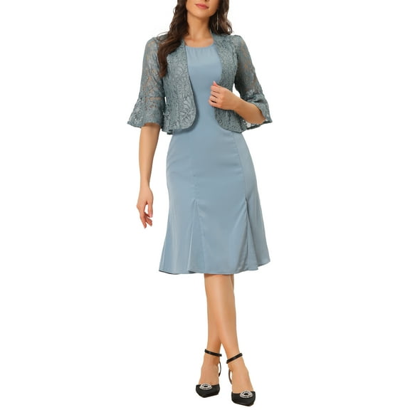 INSPIRE CHIC 2 Piece Dress Sets for Women's Long Sleeve Lace Cropped Shrug Sleeveless Midi Dresses Party Dress XS Grey Blue