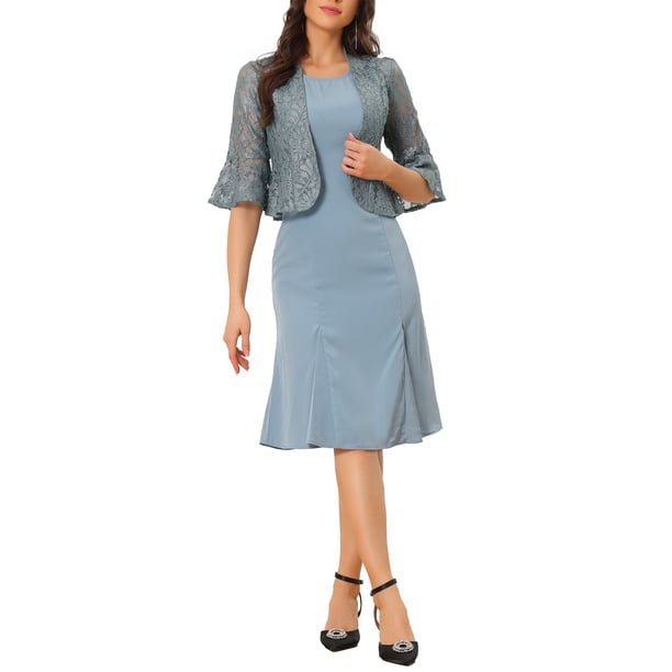 Conjuntos de vestido de 2 piezas Inspire Chic para mujeres, chaqueta corta de encaje de manga larga, vestidos midi sin mangas para fiestas en gris y azul.