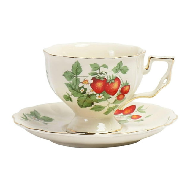Juego de Taza Y Platillo de Café, Estilo Vintage con Borde Dorado Y Estampado de Fresas, Adecuado para Oficina, Hogar, Cafetería, Restaurante Y Celebr