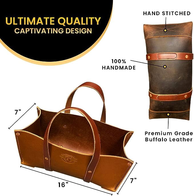 Buffalo Leather Tote Tool Bag For Hand Tools, Gardening, Outdoorsmen, Heavy Duty Premium Storage Leather Organizer (Crazy Horse Black)