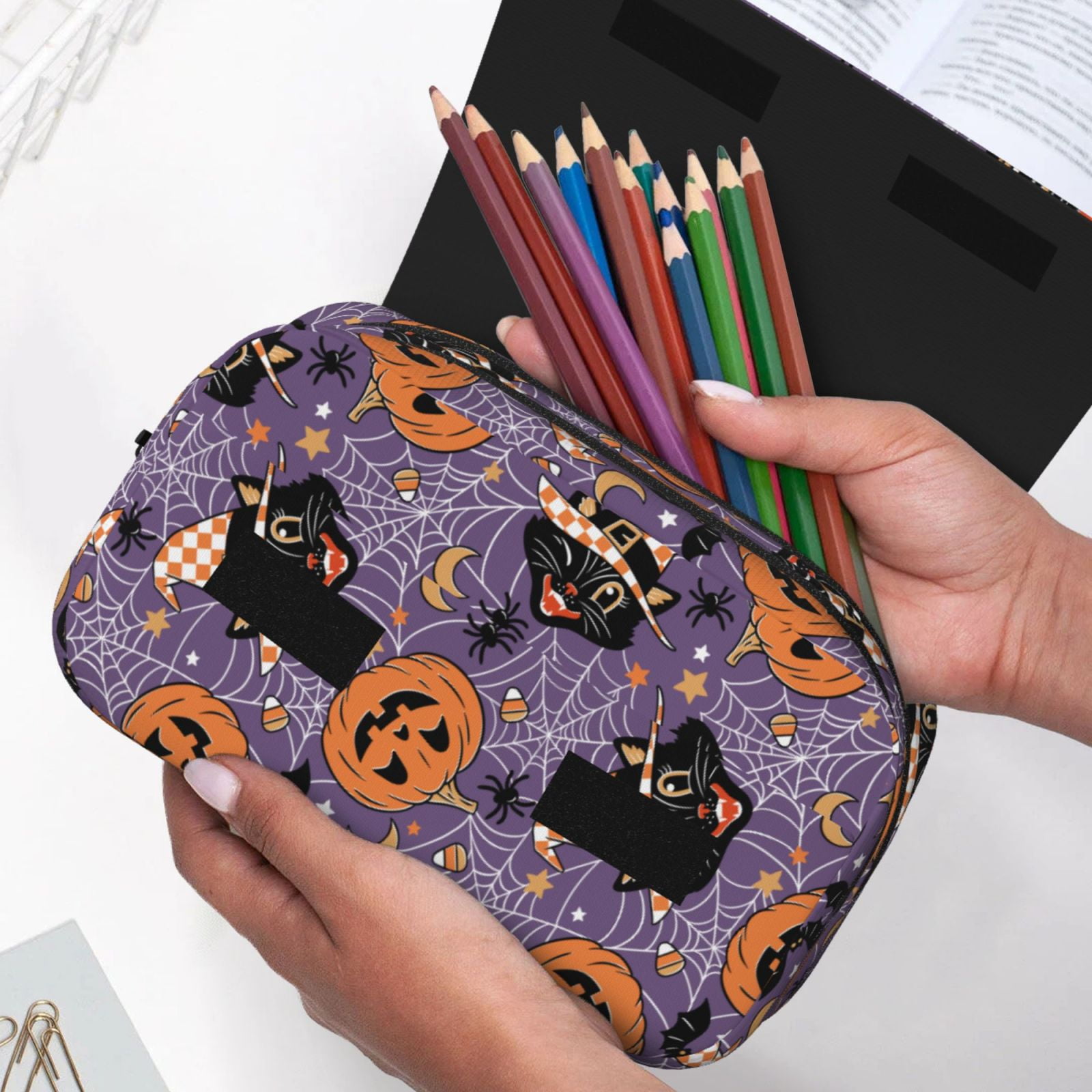 Rateoe Vintage Halloween Black Cat Pattern Double Clamshell Pen Case, Storage Organizer with Two Zipper Compartments– Holds Up to 50 Pencils & Pens