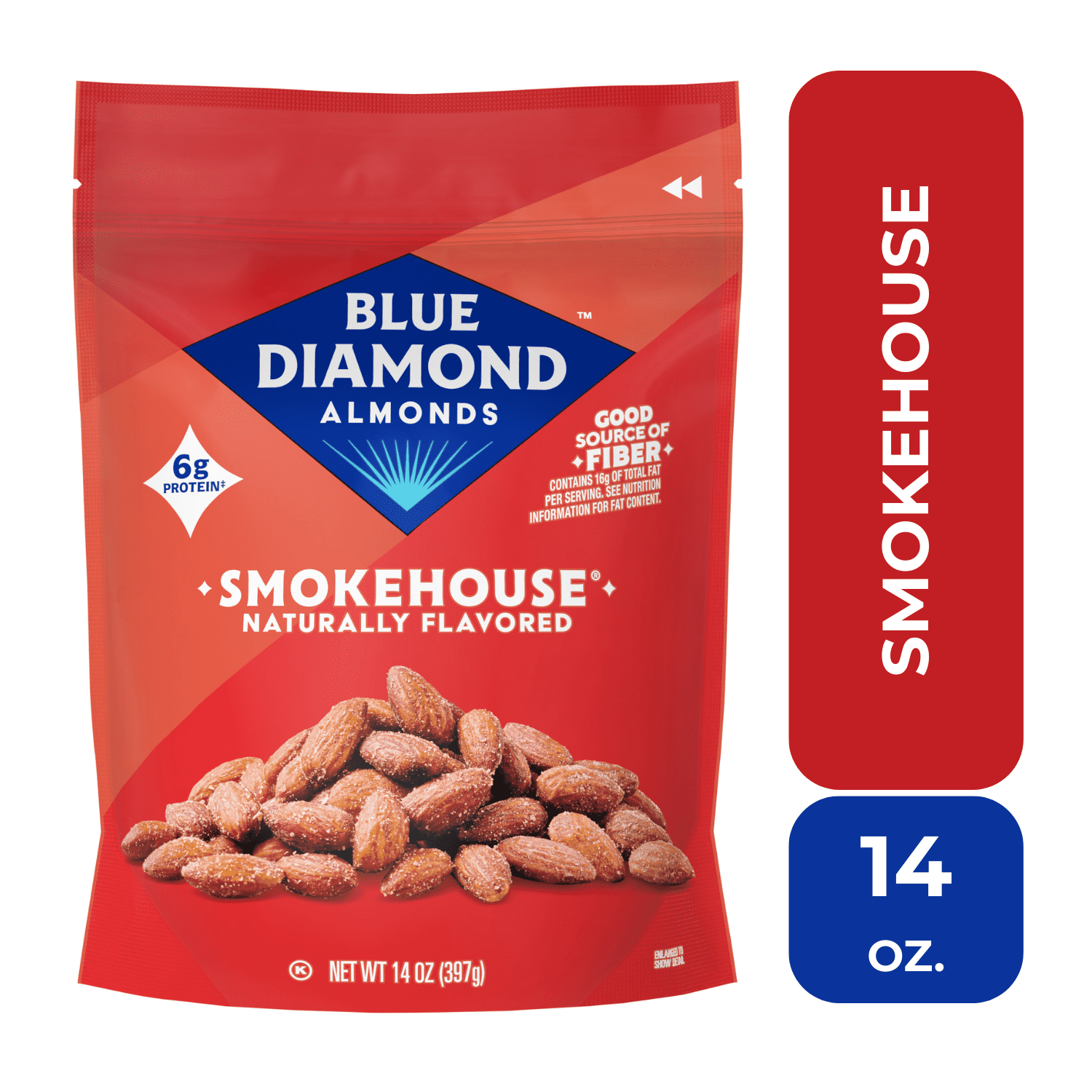 (6 pack) Blue Diamond Almonds, Smokehouse Flavored Snack Nuts Perfect for Snacking, 14oz Resealable Bag