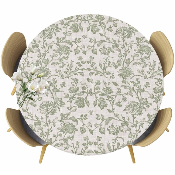 Farmhouse Sage Green Fitted Tablecloth with Elastic Edged, Round Table Cloth for Dining Table, Vintage Flower Leaf Botanical Waterproof Oil Proof Table Cover for Indoor Outdoor 45"-54"