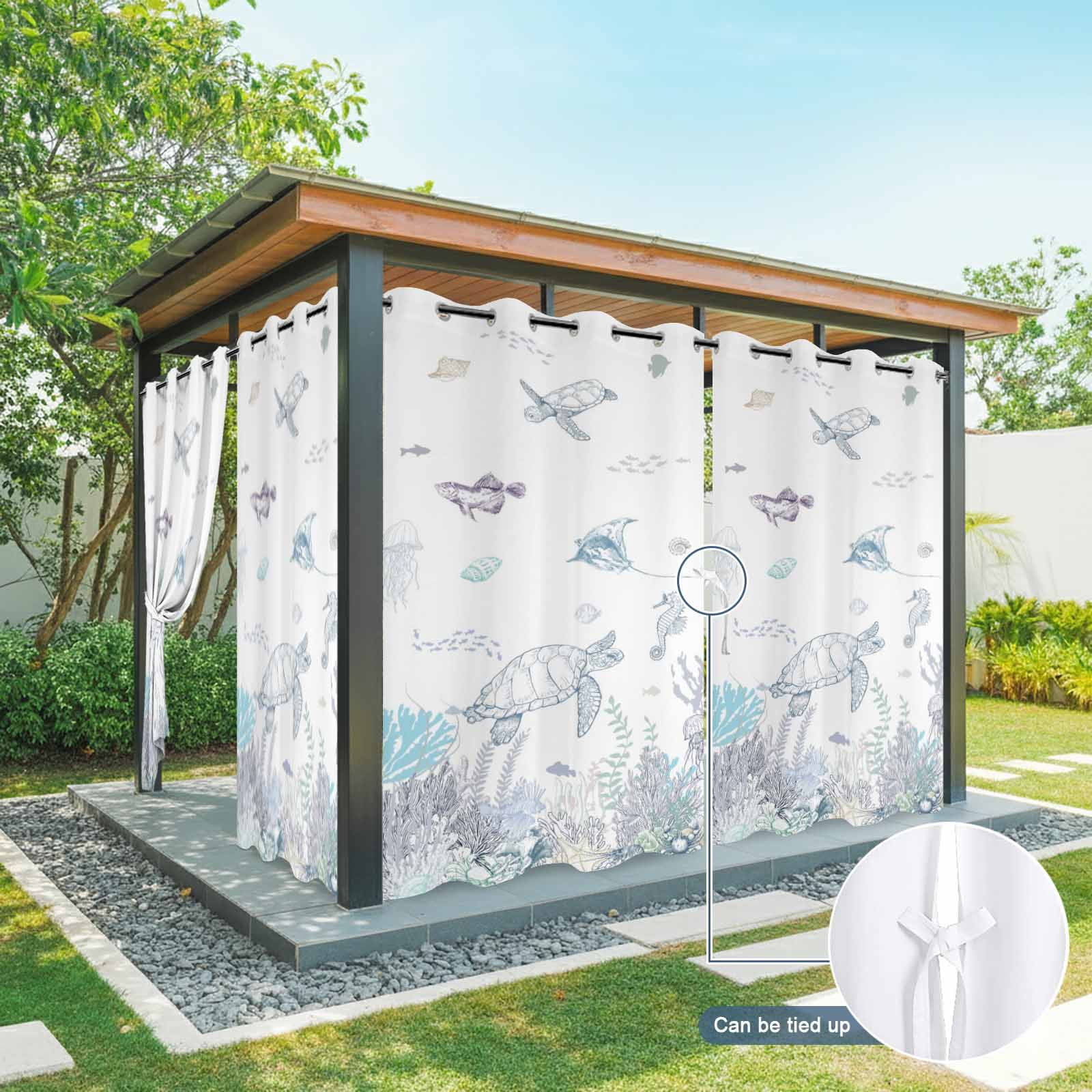 Ocean Coastal Outdoor Curtains for Patio, Sea Turtle Coral Starfish Seaweed Hand Drawn Sunshade Privacy Drapes Grommet Waterproof Outside Curtains for Porch/Cabana/Balcony 54"x 108", 1 Panel