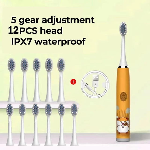 Cepillo de dientes eléctrico para niños, dibujos animados, con cabezal de repuesto, ultrasónico, IPX7, resistente al agua, recargable, sónico