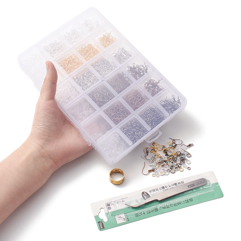 1set Earring Making Finding Kit Including Brass Earring Hooks & Jump Rings & Ring Tools Plastic Ear Nuts Tweezers Mixed color 3568pcs/box