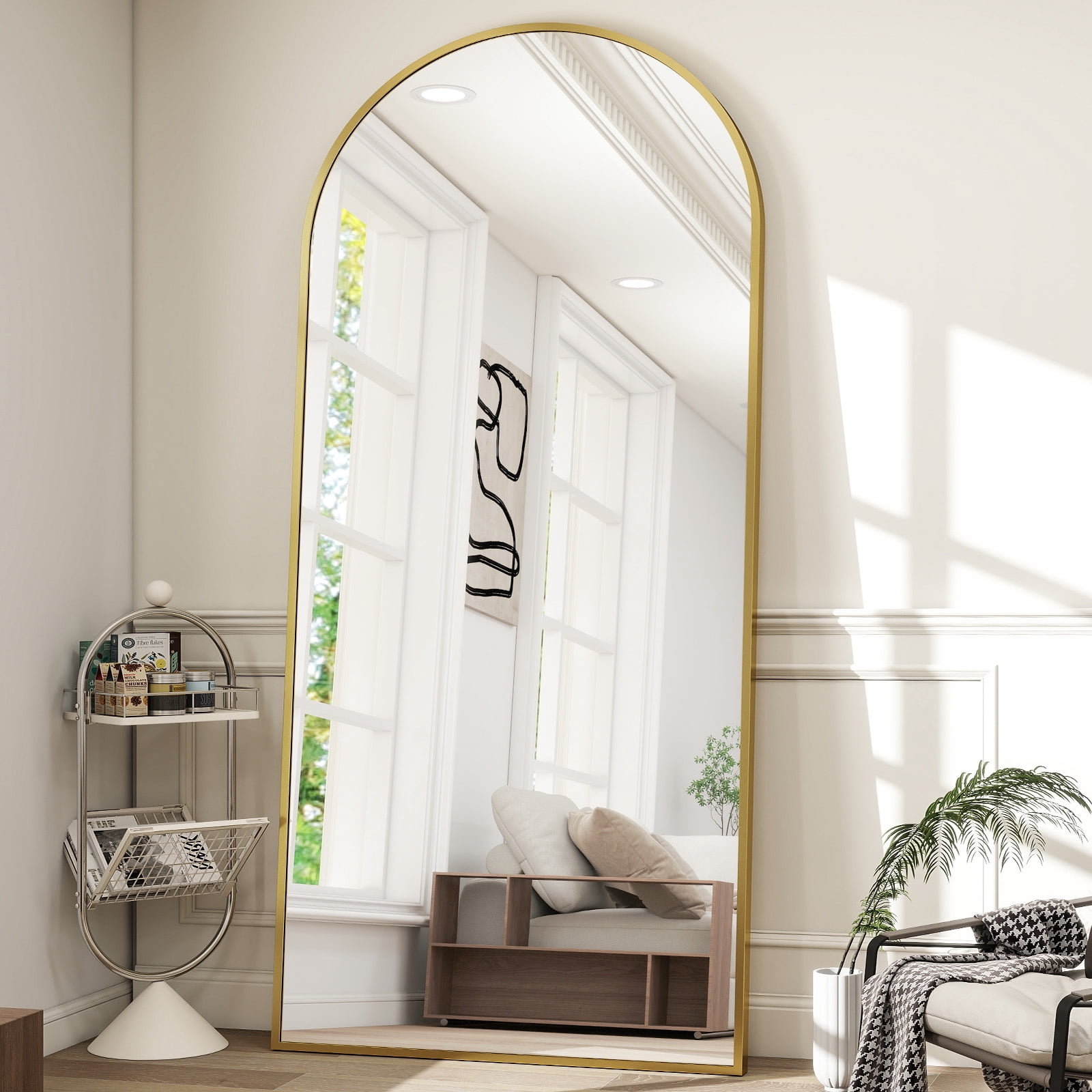 Easy4Home 76"x 34" Arch-Top Oversized Full Length Mirror Metal Frame Freestading Floor Mirror, Gold