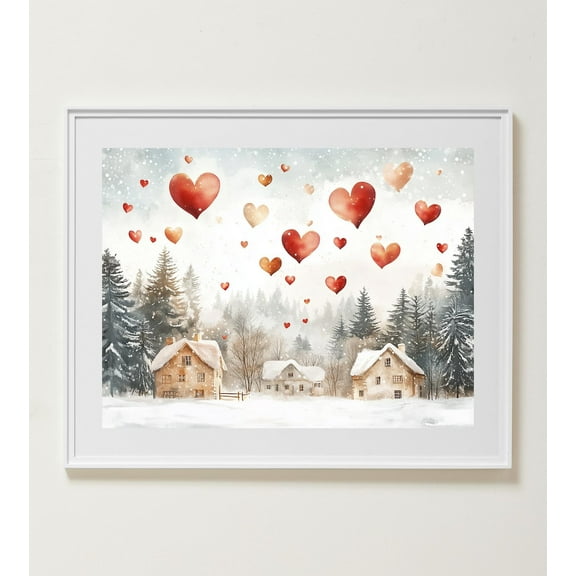Red Hearts Wall Art, Snowy Village, Love Poster, Valentine'S Day, Antique Art,Gallery Wall Art,Wall Art Wall Art, Modern Wall Decor, 8x12 UNFRAMED