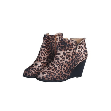 

Ymiytan Ladies Wedge Boot Side Zip Chelsea Bootie Casual Ankle Booties Work Winter Boots Round Toe Leopard Shoes Dark Leopard 8.5