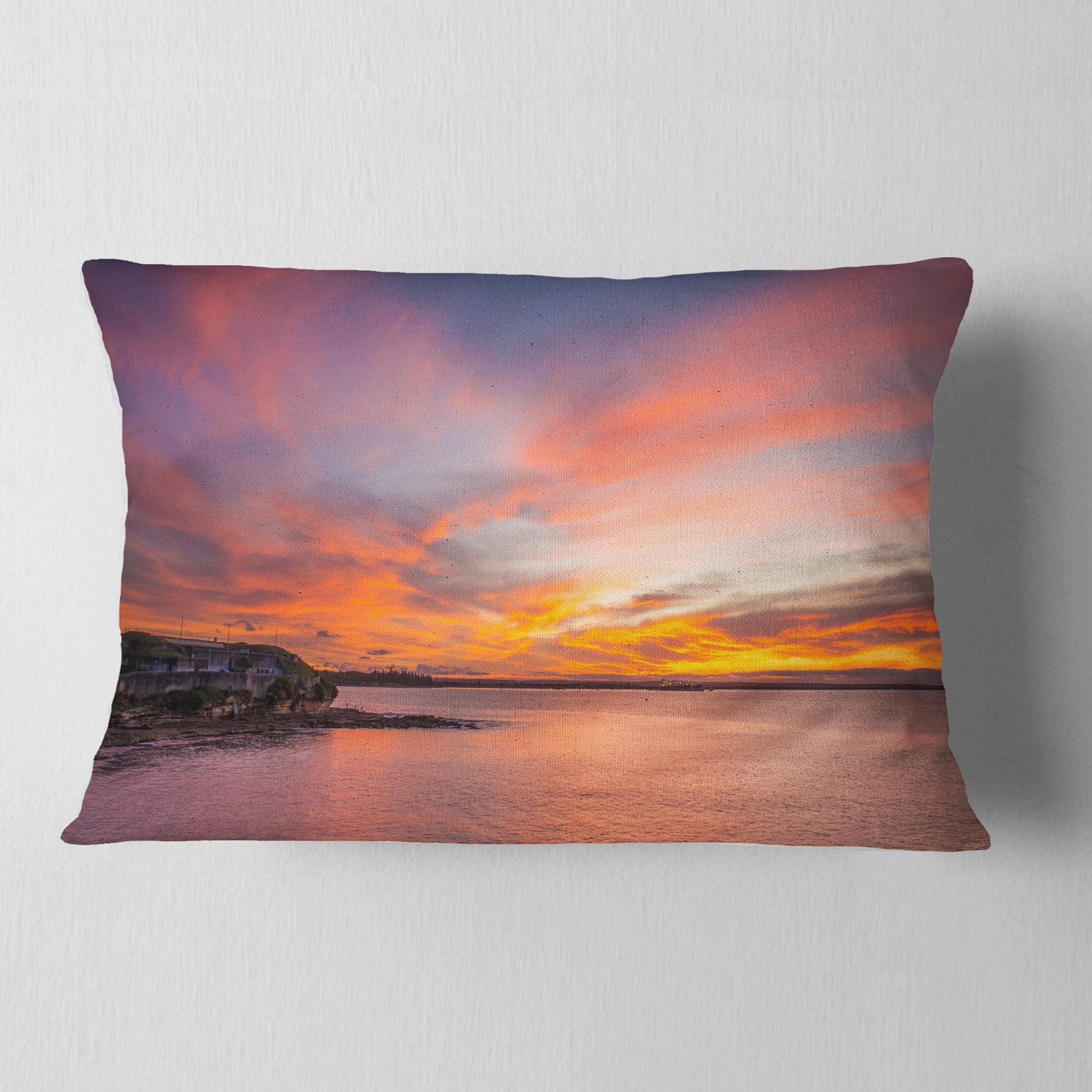 Designart Calm Sydney Beach with Yellow Sky - Seashore Throw Pillow - 12x20