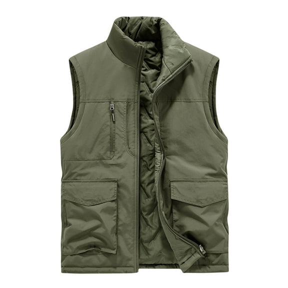 WREESH Fashion Vest Man Pocket Zipper No Hat Sleeveless Solid Color Tops Cotton Loose Coat Olive Green