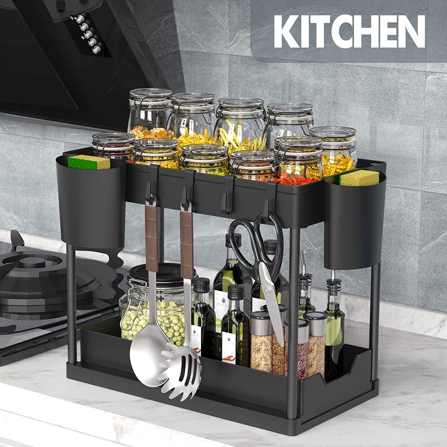 Under Sink Organizers and Storage, 1 Pack Large Capacity Heavy Load Pull-out Under Sink Shelves with Sliding Drawer for Kitchen and Bathroom, Black, 15.74 x 8.66 x 12.99 inch