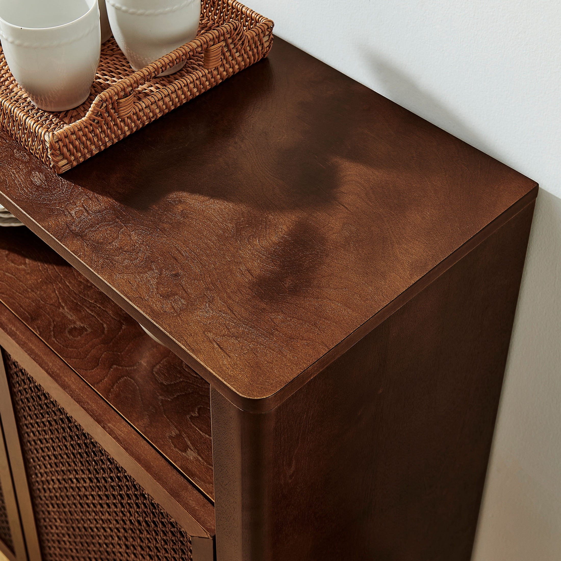 GDF Studio 63" Mid Century Modern Rattan Sideboard Buffet Cabinet with 4 Doors, Adjustable Shelves, Walnut