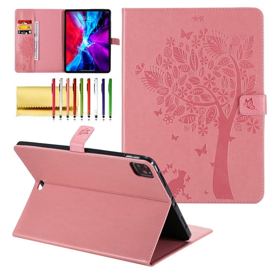for iPad Pro 11 Case (2022 2021 2020 2018), iPad Air 5th 4th Generation 10.9 inch Case, Embossed Cat & Tree PU Leather Retro Shockproof Magnetic Clasp Wallet Card Slots Folio Kickstand Cover, Pink