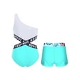 thumbnail image 2 of TiaoBug Kids Girls Swimwear Set Single Shoulder Criss Cross Waistline Crop Top Swimsuit with Briefs Print Shorts 3 Pcs Bathing Suit Lake Green 10, 2 of 7