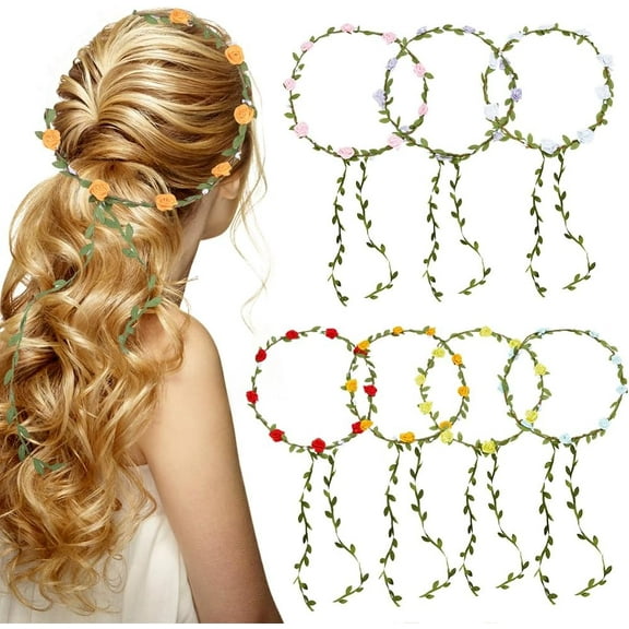7Pcs Flower Garland Headband Floral Headpiece 7 Colors Polyester Boho Colorful Rose Wreath Green Leaf Hairbands Accessories for Women Wedding Festival Holiday Fairy Party Hair Decor