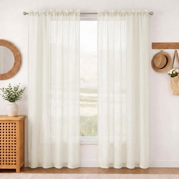 MKHILL 42x84 Ivory Crushed Sheer Curtains 2 Panels Set, 84 Inch Long Light Filtering Voile Drapes for Living Room Bedroom, Rod Pocket Semi Sheer Window Panels, Each 42"Wx84"L