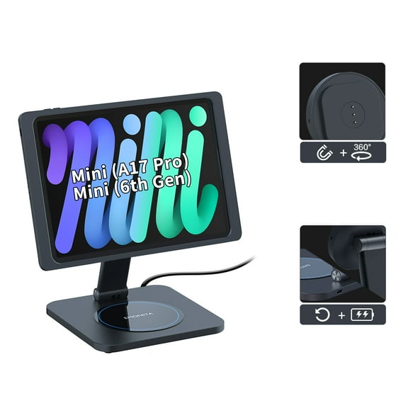 EMONITA Foldable Magnetic Stand with 45W Fast Charger Case A6 for iPad Mini (6th Gen/ A17 Pro) 8.3-Inch Adapter USB C Cable Included - Black