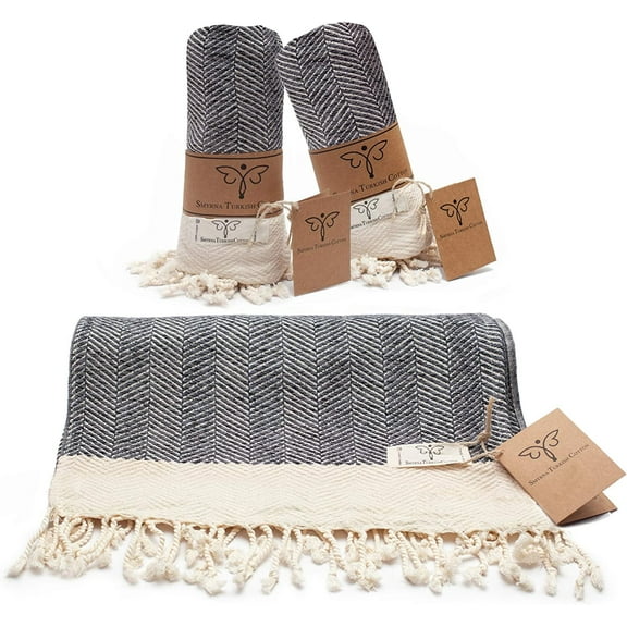 Smyrna Original Turkish Hand Towels Herringbone Series Set of 2  100% Cotton, 16 x 40 Inches  Decorative Bathroom Peshtemal Towel for Hand, Face, Hair, Gym, Yoga, Tea, Kitchen and Bath Dark Gray