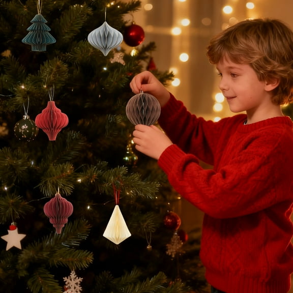 Dserhfy Christmas Paper Honeycomb Ornaments for Tree, 3D Paper Honeycomb Lantern with Glitter Edge for Vintage Neutral Christmas Party Home Decor