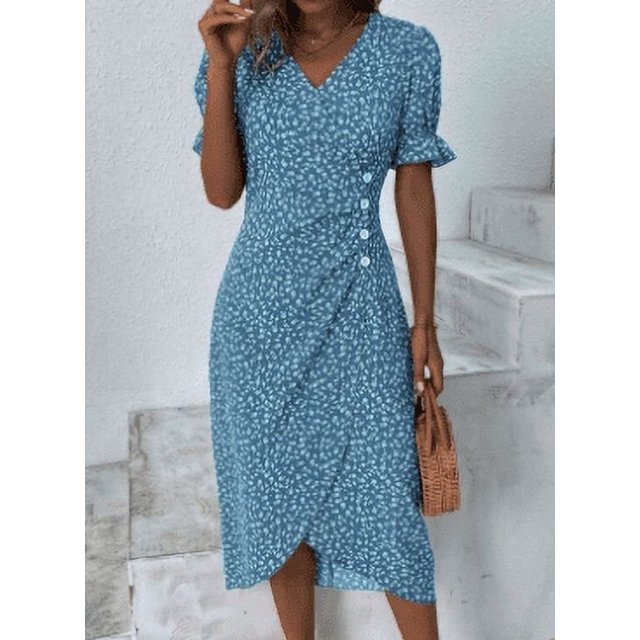 POINTERTECK Robe Midi à Imprimé Floral avec Manches Courtes et Col en V pour Femmes
