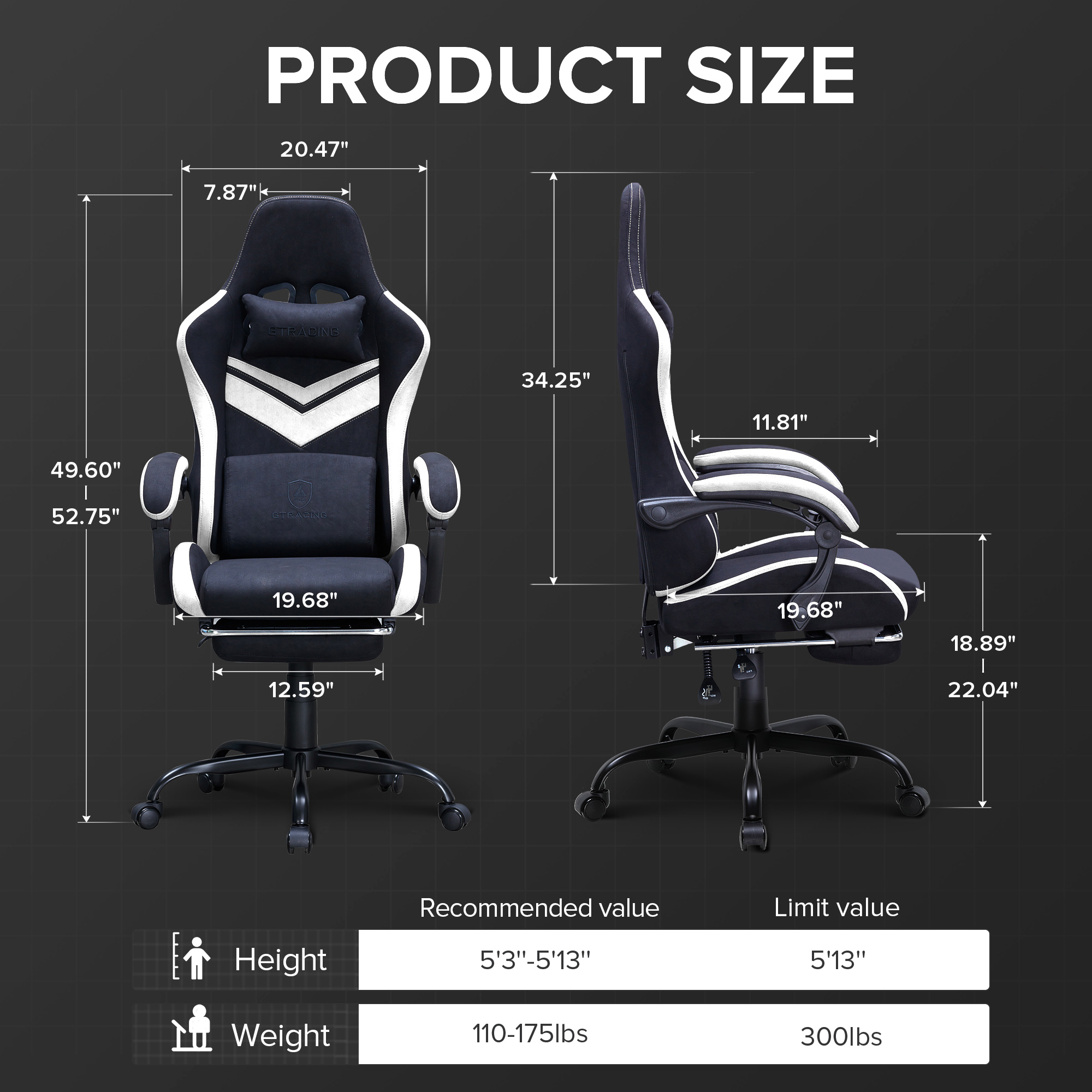 GTRACING GTW-300 Ergonomic Gaming Chair, Black/White photo 8