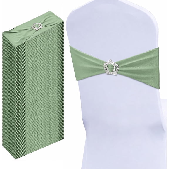 50 Pcs Spandex Chair Sashes with Crown Buckle, Sage Green Stretch Chair Bands Bows for Wedding Banquet Party Chair Decorations