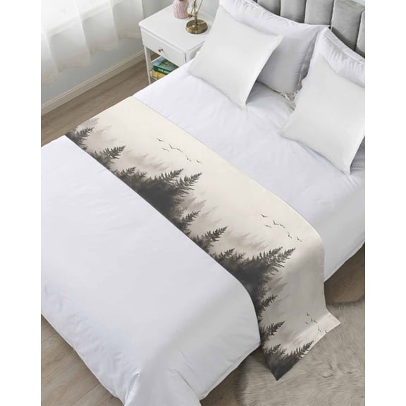 Bed Runner Scarf King Size, Gray Mist Forest Stain Bed Runners & Scarves for Foot of Beds, Vintage Trees Birds Natural Landscape Decorative Bedding Runner Scarf for Hotel Home Bedroom