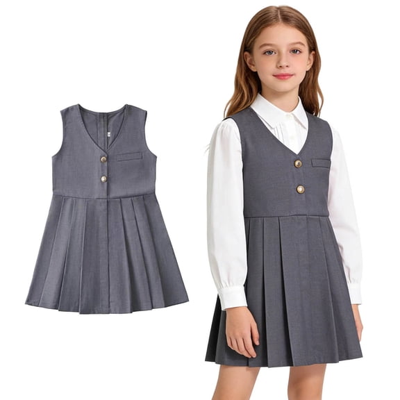 Girls Uniform Dress V-Neck Jumper Dress Pleated Skirt Stretch Fit Girls Grey Uniform Dress Girl Clothes Size 9-10 Years