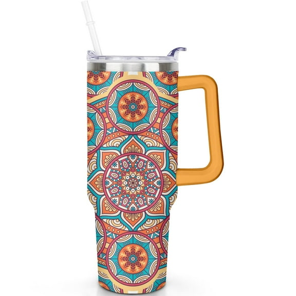Leak Proof 40oz Boho Mandala Travel Tumbler with Handle, Flip Straw Lid and Straw – Vacuum Insulated Stainless Steel Mug Gift