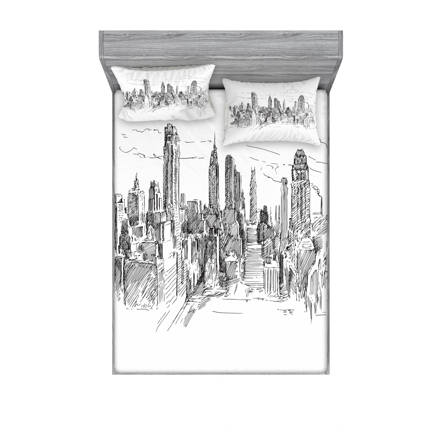 New York Bedding Set with Sheet & Covers, Hand Drawn NYC Cityscape