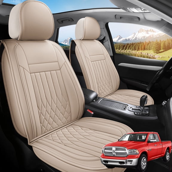 Car Seat Covers Full Set Fit for Dodge Ram 1500 2009-2024, Premium Faux Leather Waterproof Breathable Anti‑Slip Seat Protectors, Beige