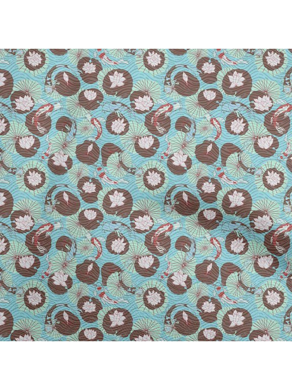 ViscoseChiffonLightBlueFabricAsianJapaneseKoiFishWithAbstractFlowerDiyClothingQuiltingFabricPrintFabricByYard42InchWide