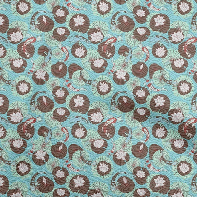 oneOone Velvet Light Blue Fabric Asian Japanese Koi Fish with Abstract Flower Craft Projects Decor Fabric Printed by The Yard 58 Inch Wide