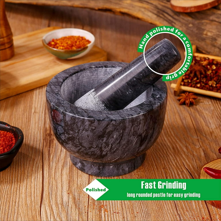 Mortar and Pestle Marble Set for Spices Pestos Seasonings Pastes Guacamole  Bowl Herb Grinder Easy to Clean Included:Silicone Mat,Brush,Stainless Steel