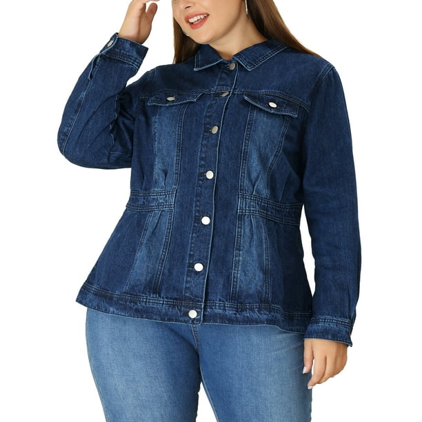Chaqueta de mezclilla de botón de manga larga para mujer de tallas grandes Agnes Orinda 2X azul oscuro