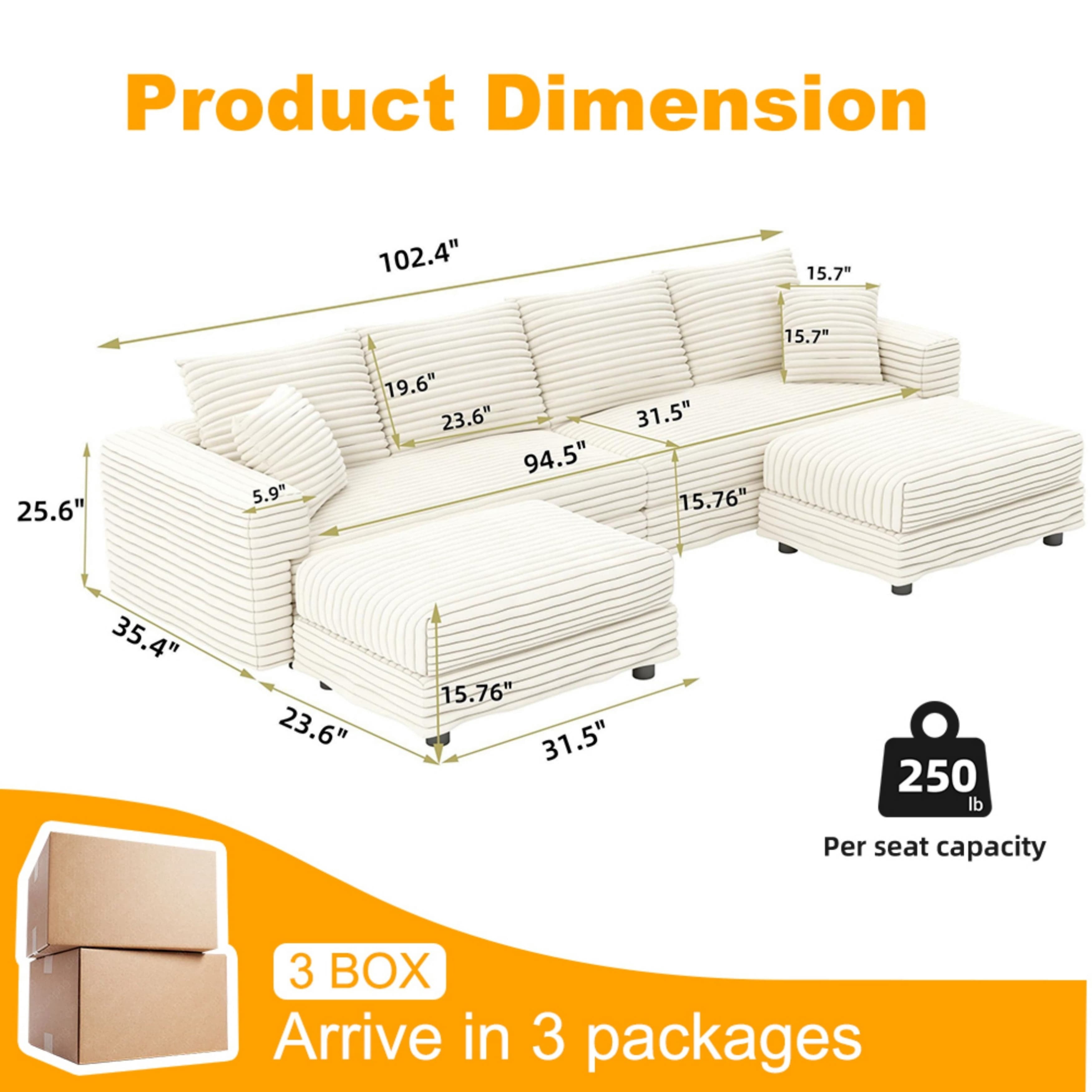 Alvantor 4-Seat Sofa with 2 Movable Ottomans 102" W Corduroy Upholstered Deep Seat Couches U Shaped Convertible Chaise for Living Room, Apartment Beige