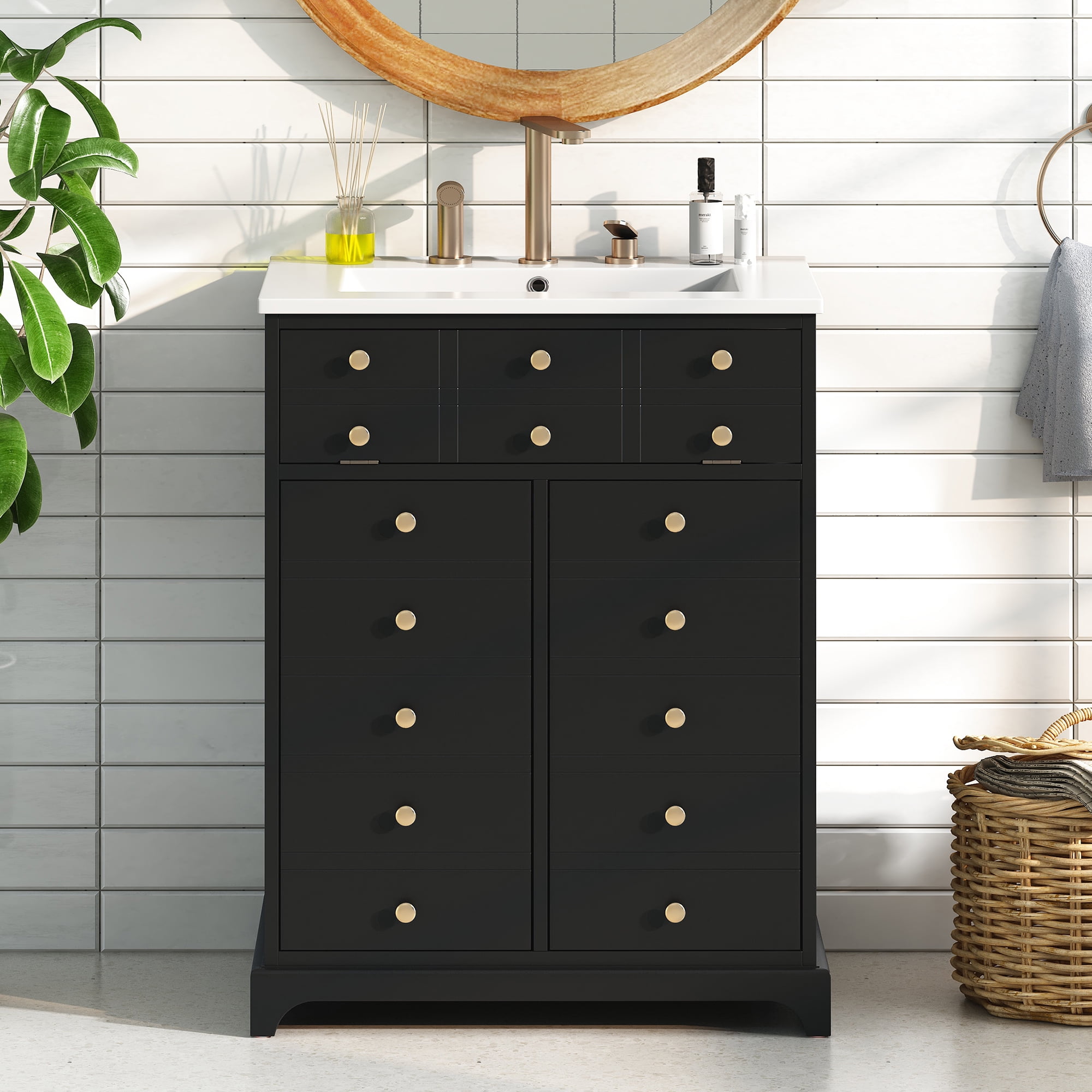 Euroco 24" Bathroom Vanity with a Drawer & Two Soft-Closing Doors, Painted Modern Bathroom Storage Cabinet with Ceramic Sink, Stylish Single Sink Cabinet for Small Spaces