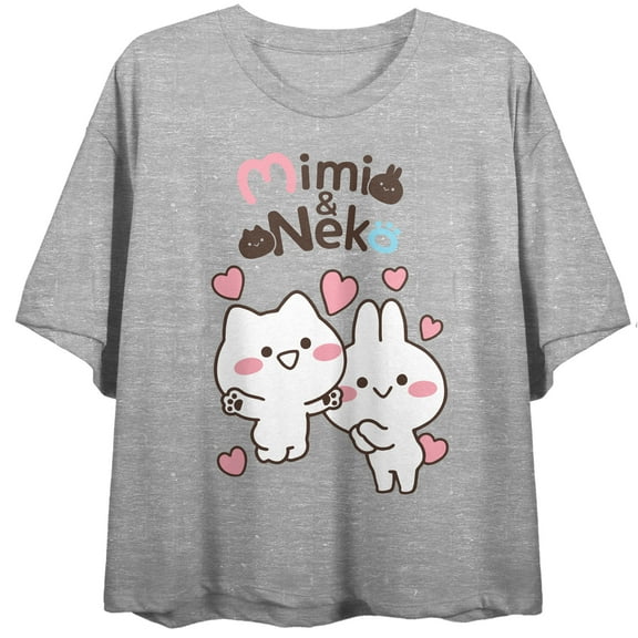MiMi & Neko Happy Characters With Hearts Women's Heather Gray Short Sleeve Crew Neck Crop Tee-Medium