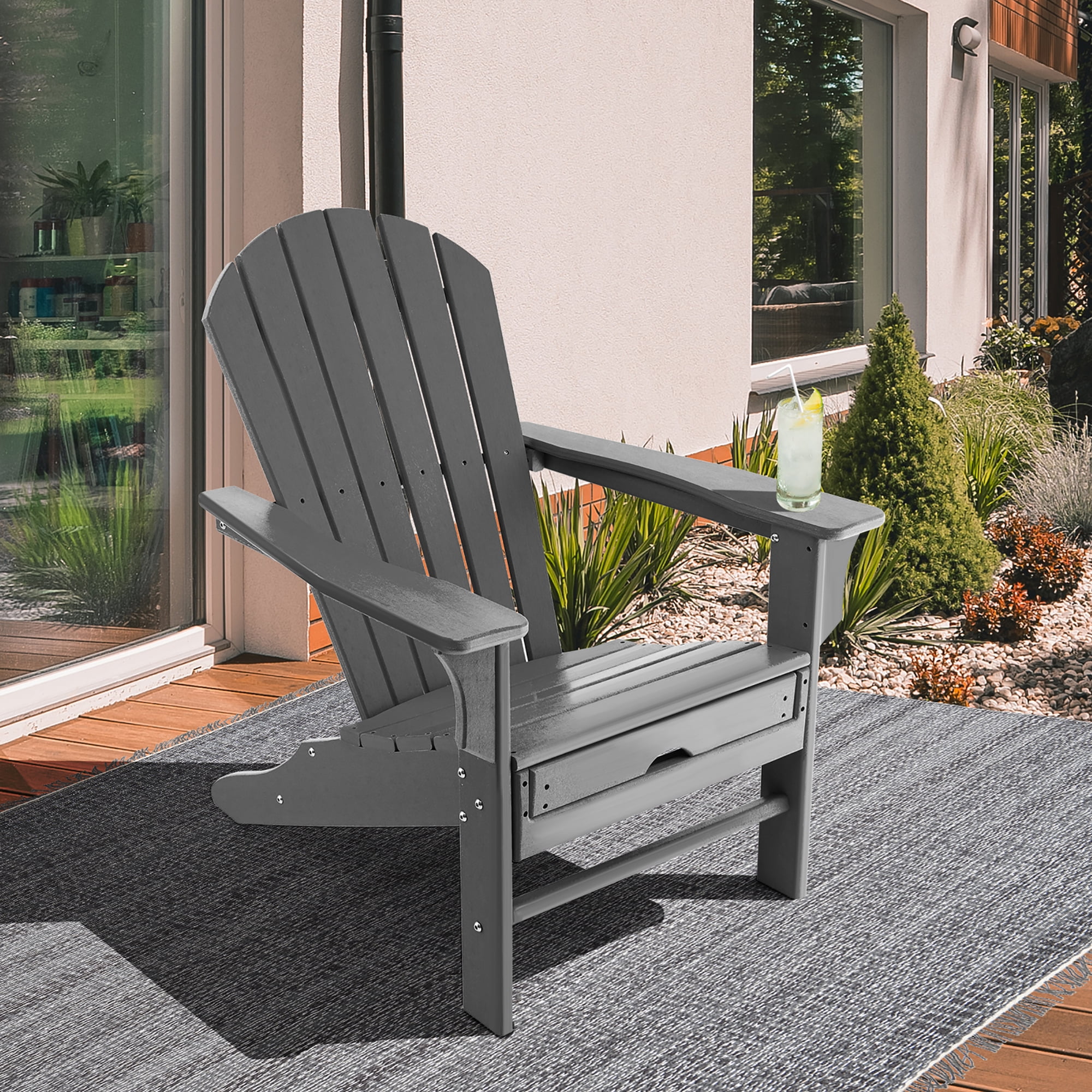 Costway Outdoor Patio HDPE Deck Adirondack Chair Beach Seat Retractable Ottoman Grey