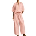 thumbnail image 2 of Karymi Overalls for Women 2-Piece Casual Set, Crew Neck Half-Zip Puff Sleeve Blouse + Elastic Drawstring Wide Leg Pants, Lightweight Summer Outfit Jumpsuits for Women, 2 of 7