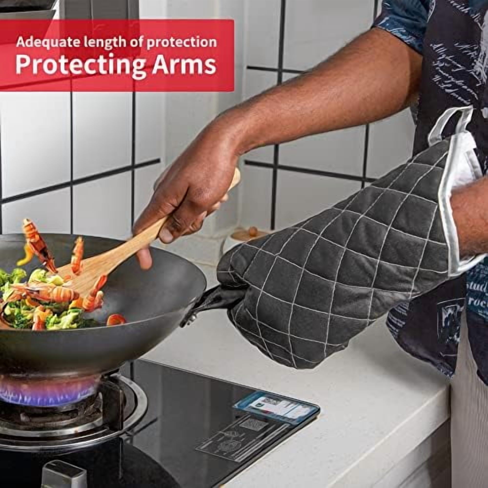 Oven Mitts Heat Fire Resistant Oven Mitts 425 ° F, Quilted Terry Cloth Cotton Soft Lining Oven Gloves, Extra Long Kitchen Mittens for Cooking Baking