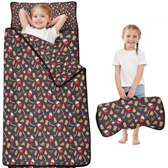 Dark Christmas Drink and Cookie Pattern Toddler Nap Mats for Kids Preschool,50"x20" Sleeping Mat Bag or Kids,Toddler Sleeping Bag,Toddler Nap Mat or Daycare