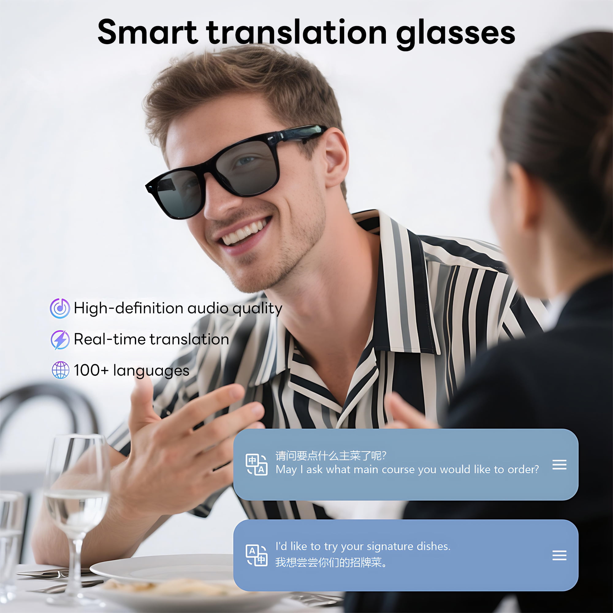 Pecham AI Translation Smart Glasses, Bluetooth Audio Sunglasses with Voice Assistant, Real-Time Translation, Multifunctional Smart Glasses for Men Woman - Black