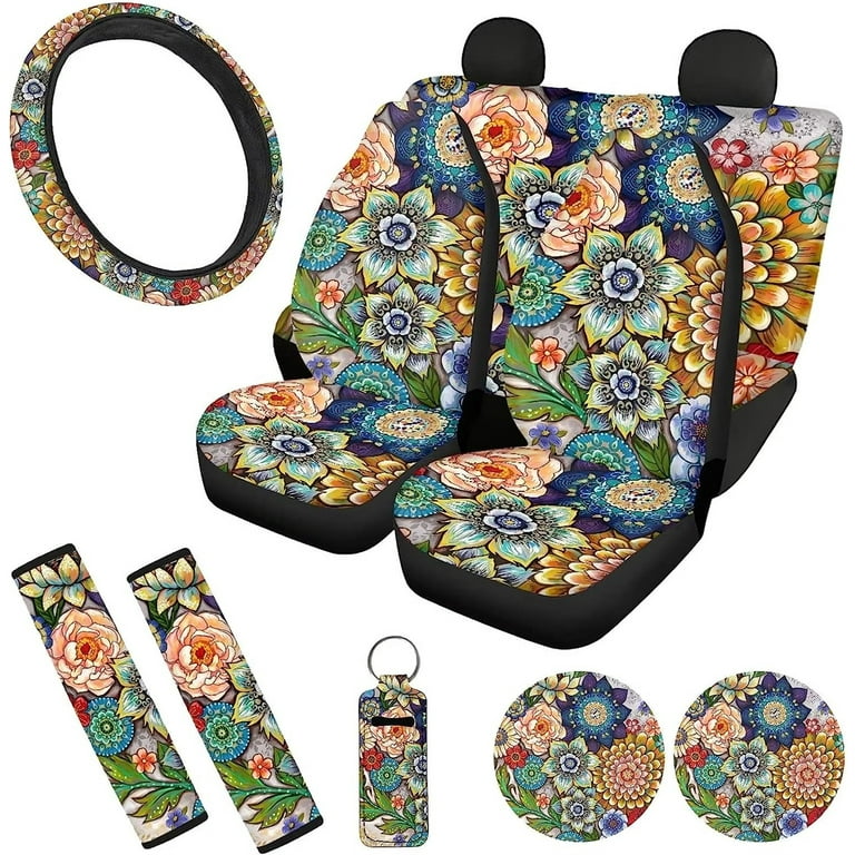 Pzuqiu Boho Floral Car Seat Cover Full Set for Women Men Gifts Universal  Front Rear Cover Steering Wheel Covers,Cup Coaster, Keychians, Safety Belt  Pads Auto Interior Accessories 