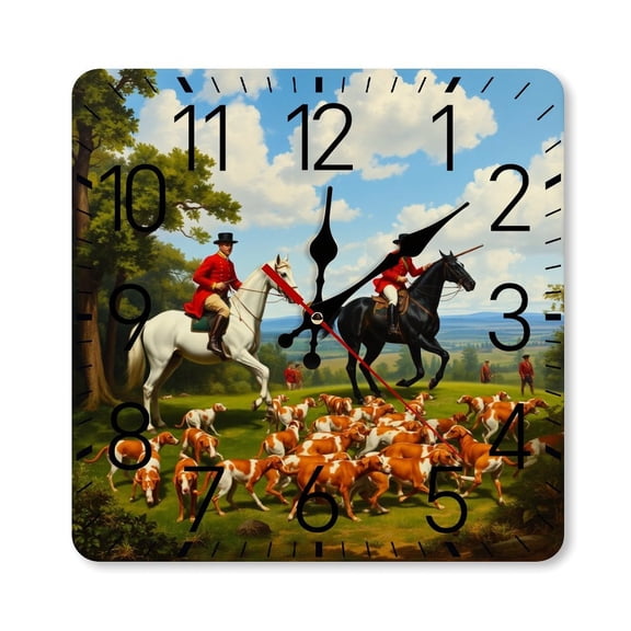 RKSupls 10×10inch Square Silent Wall Clock Wooden Frame, Fox Hunting Horses Scale Decorative Clock for Home Bedroom Living Room Office